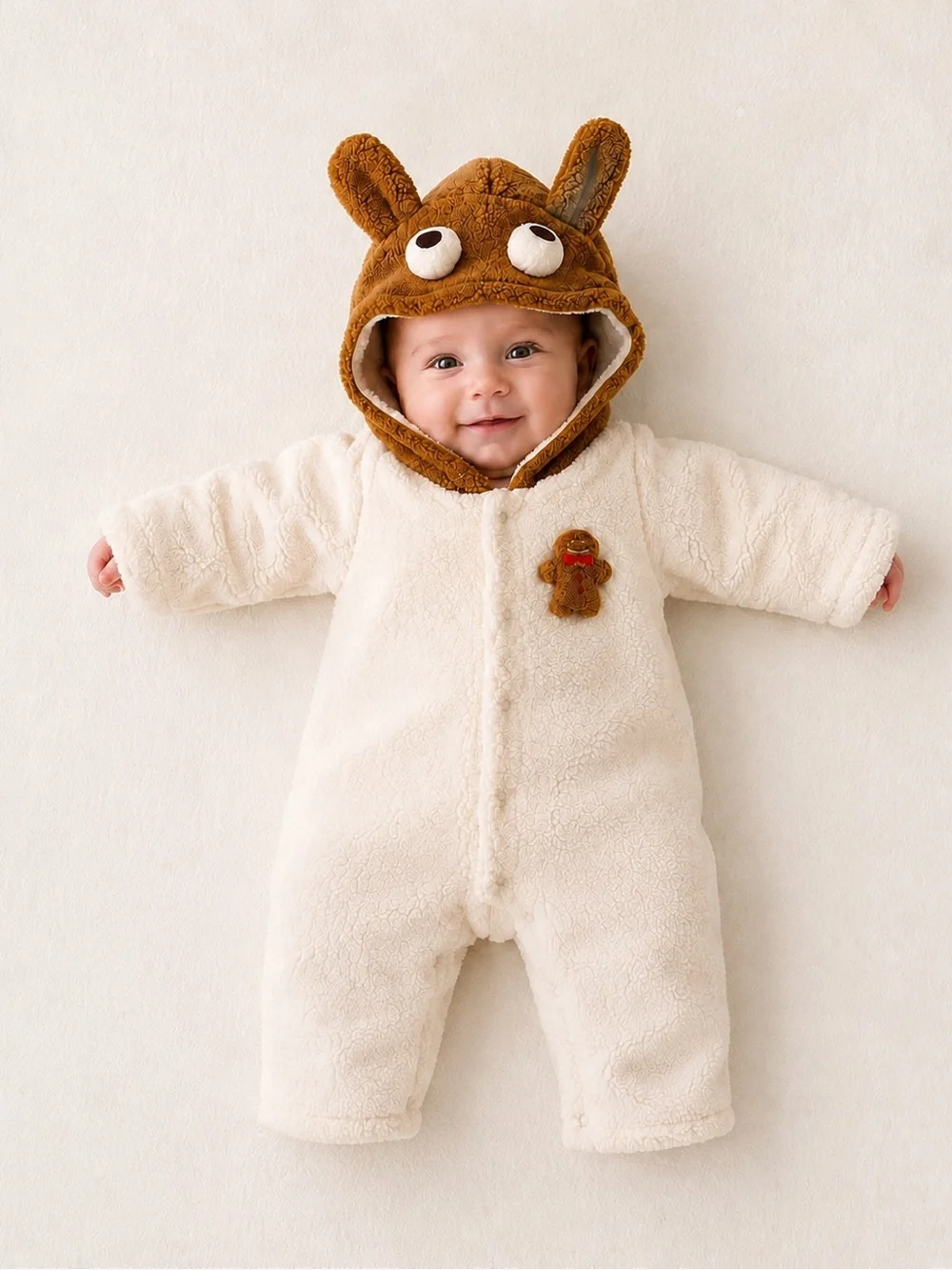 Pureborn Baby Teddy Sherpa Hooded Romper Bear One Piece Cream